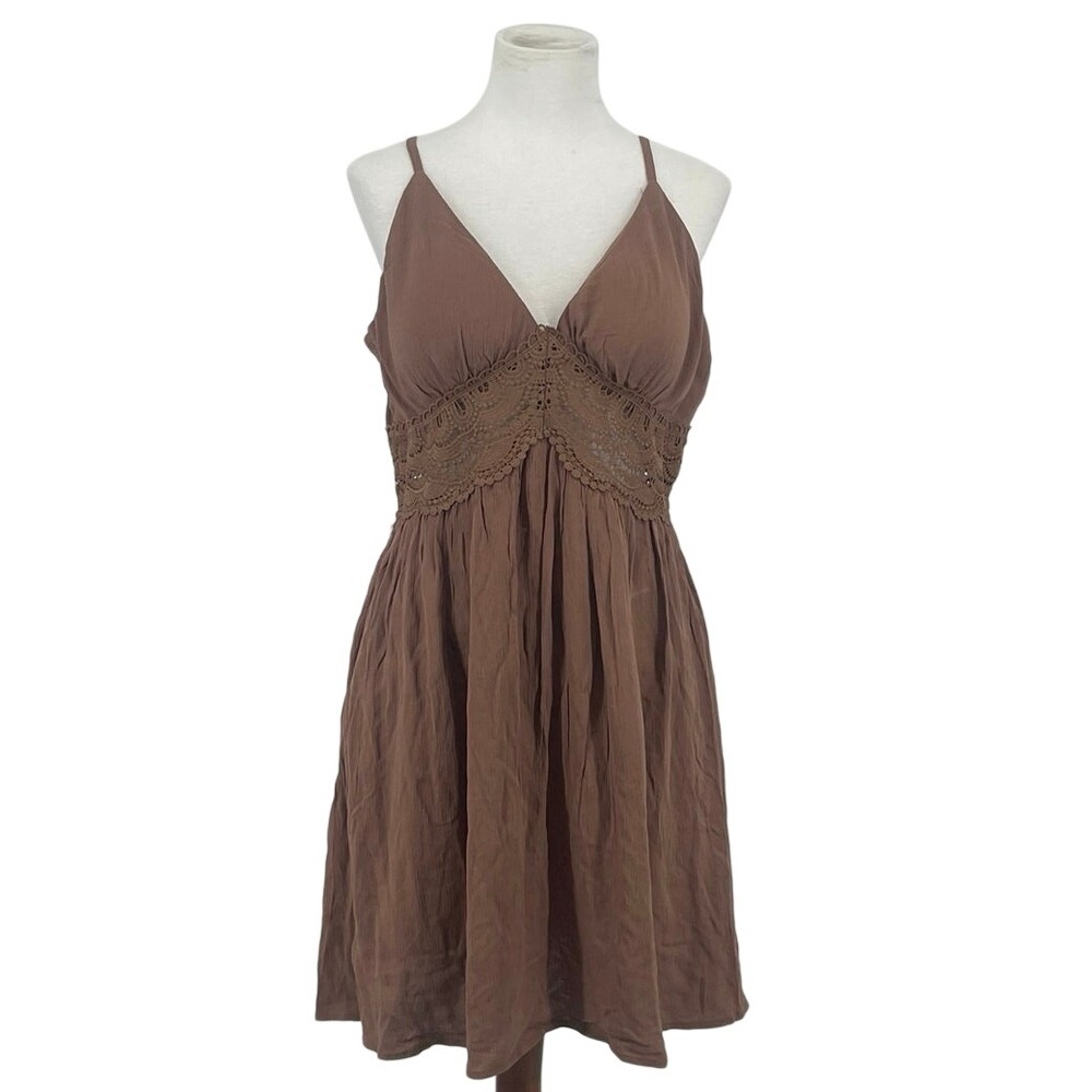 NWT‎ Almost Famous Brown Babydoll Sundress Crochet Y2K Forest Fairy Coquette